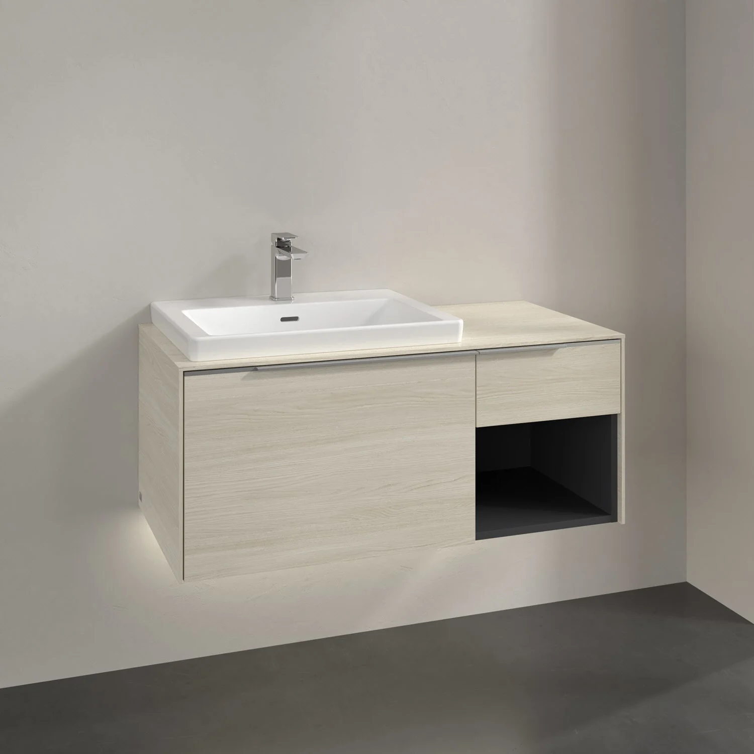 Jasna drewniana umywalka z szafką w zbliżeniu, Villeroy & Boch
