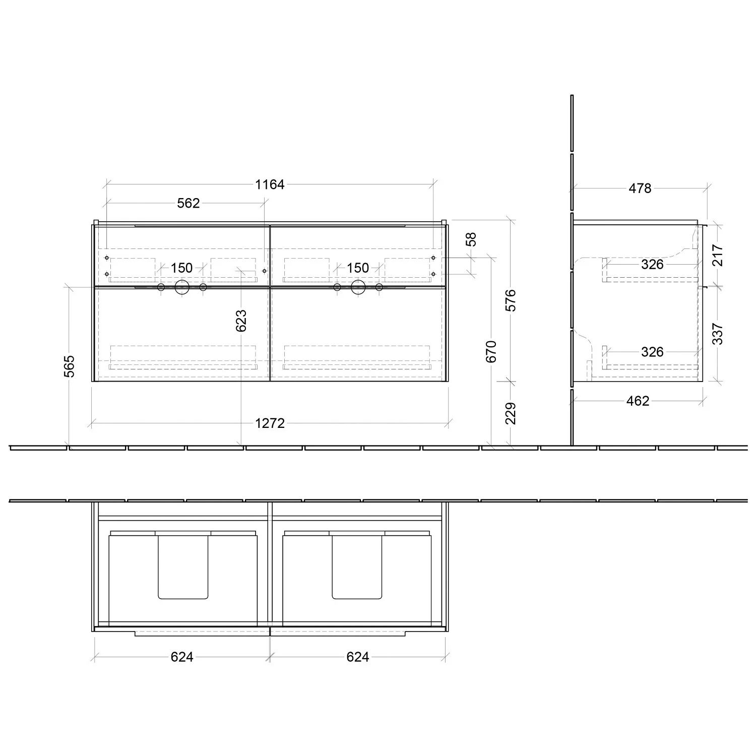 Villeroy & Boch Subway 3.0 Waschtischunterschrank 127,2 cm, 4 Auszüge, ohne LED-Beleuchtung, für Doppel-Waschtisch Bild 5