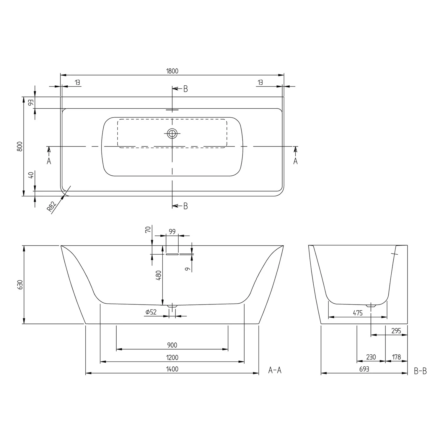 Rysunek techniczny wanny z wymiarami, Villeroy & Boch