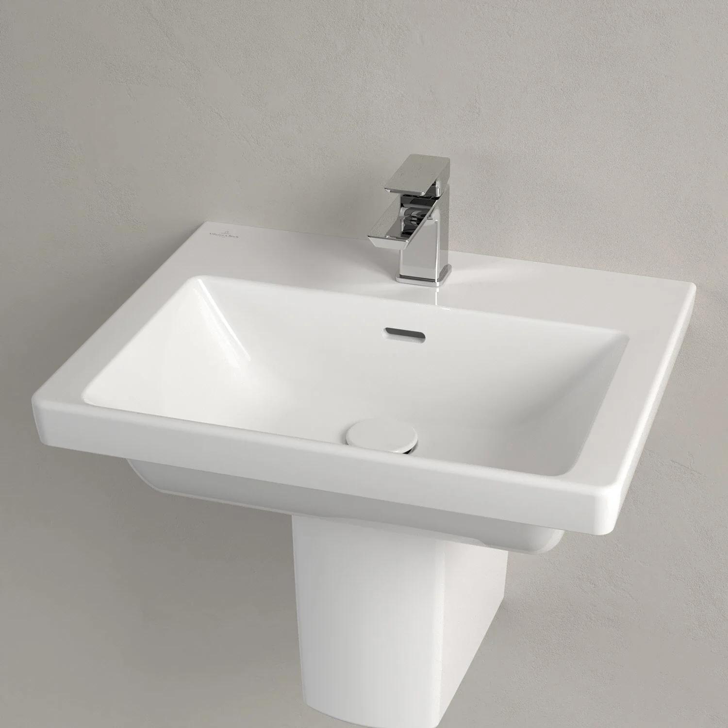 Biała umywalka z jednouchwytową baterią z bliska, Villeroy & Boch