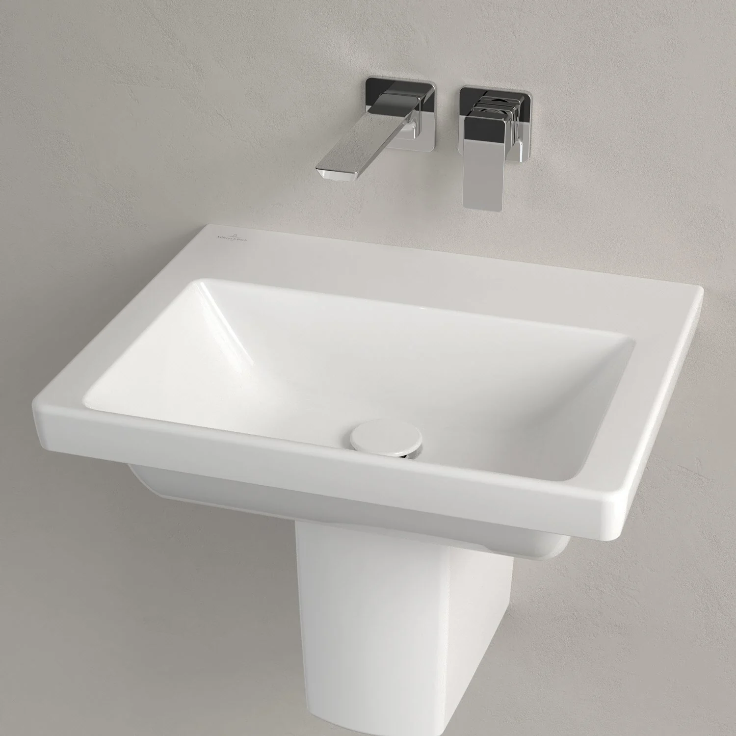 Biała umywalka z baterią ścienną z bliska, Villeroy & Boch