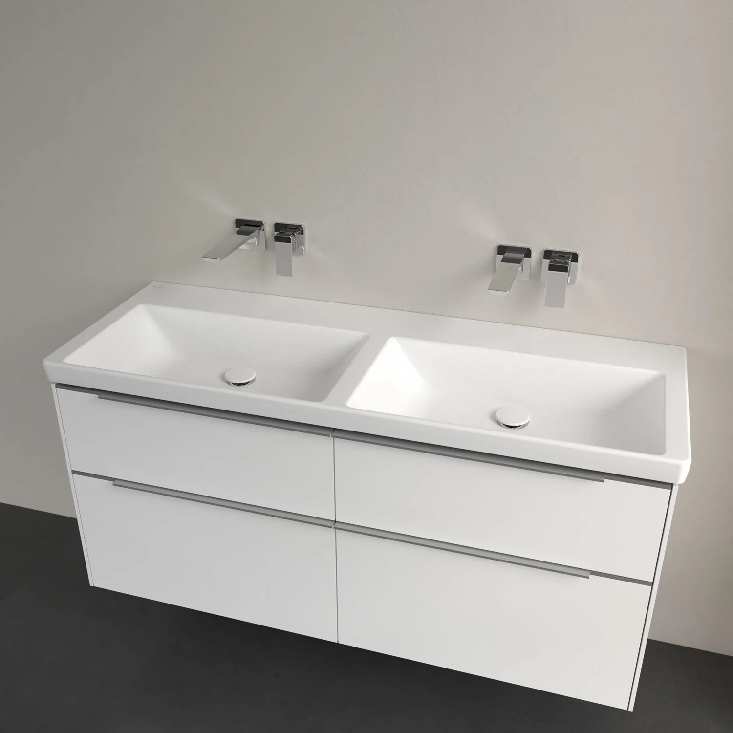 Podwójna umywalka z bateriami ściennymi w nowoczesnej łazience, Villeroy & Boch