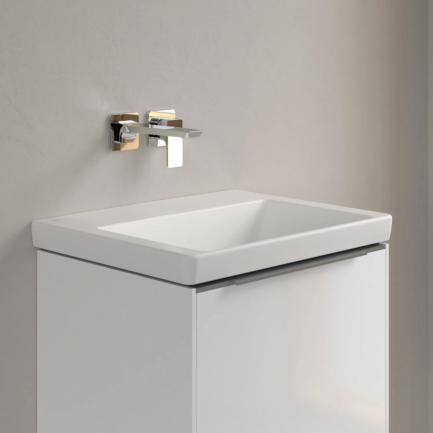 Pojedyncza umywalka z baterią ścienną w nowoczesnej łazience, Villeroy & Boch