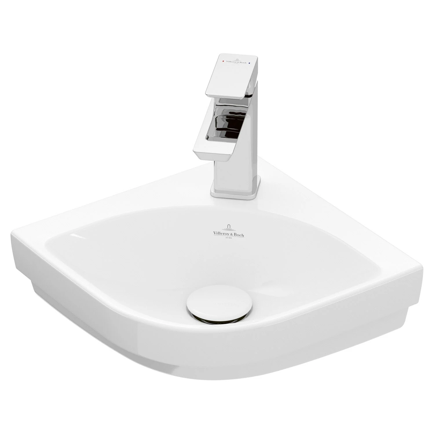 Narożna umywalka w białym kolorze z baterią, Villeroy & Boch