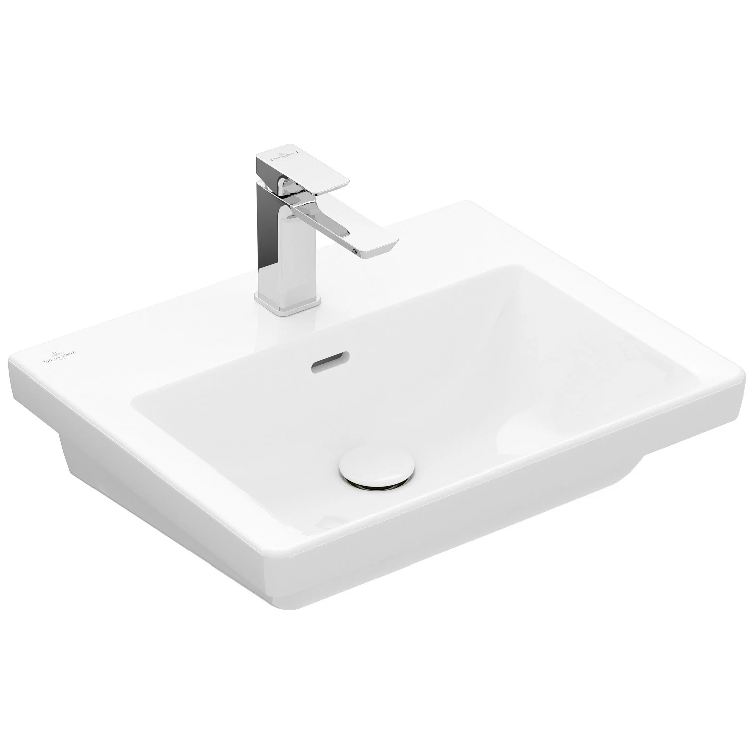 Biała umywalka z baterią, widok z boku, Villeroy & Boch