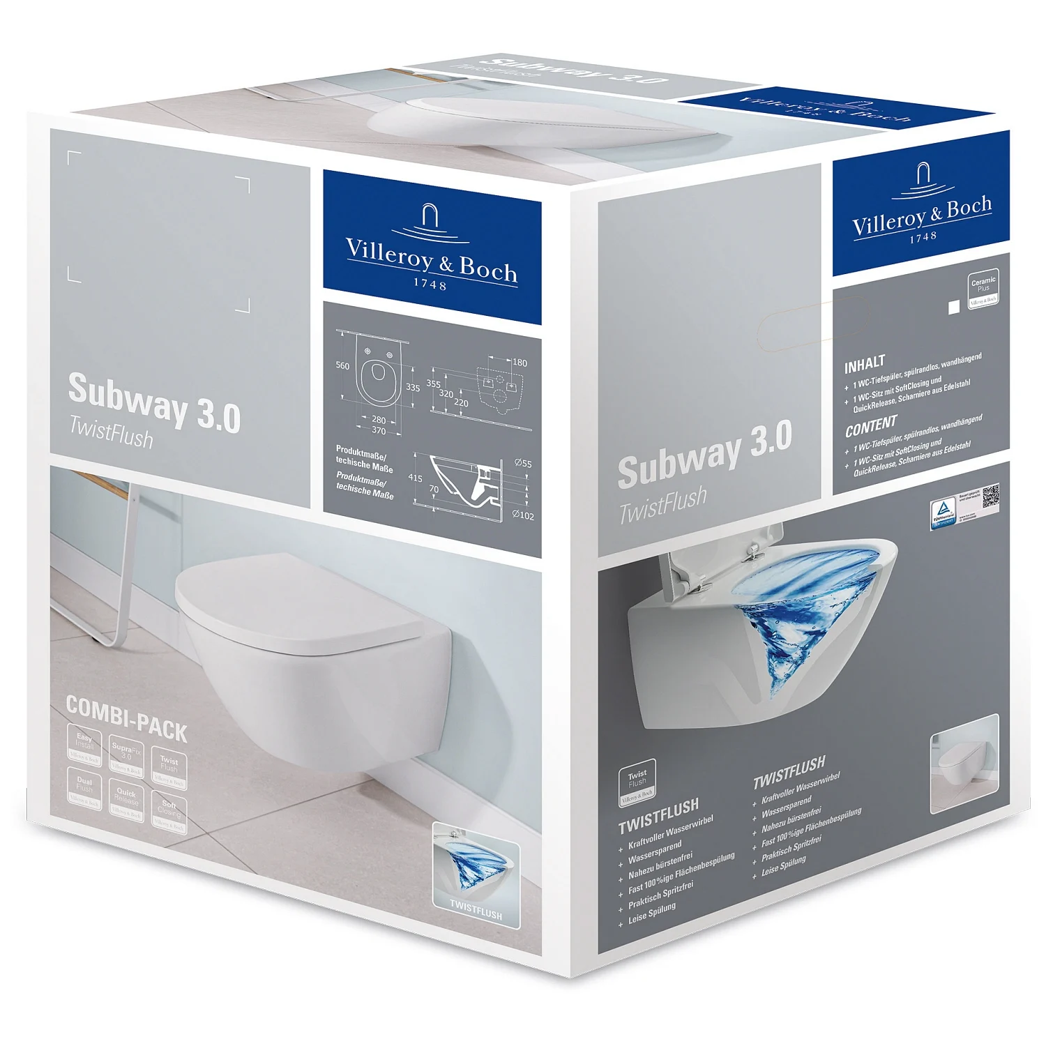 Villeroy & Boch Subway 3.0 Tiefspül-WC spülrandlos, wandhängend, TwistFlush, mit WC-Sitz 8M42S1, Combi-Pack Bild 13