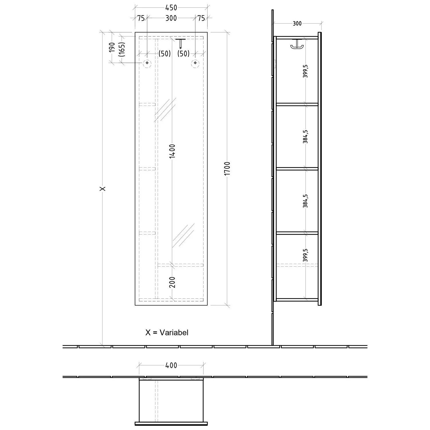 Villeroy & Boch Subway 3.0 Spiegelregal 45 x 170 cm mit Regalelement links Bild 2