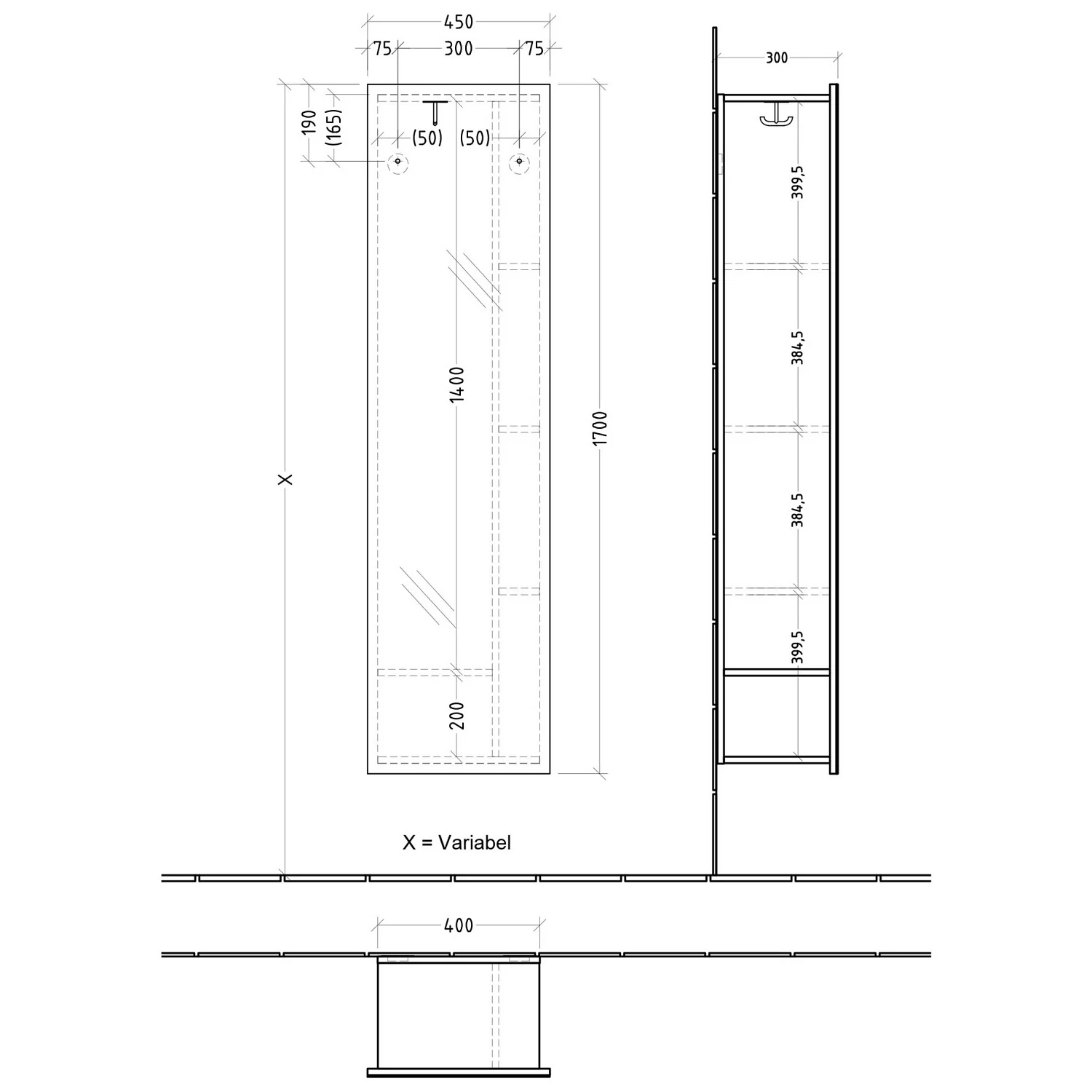 Villeroy & Boch Subway 3.0 Spiegelregal 45 x 170 cm mit Regalelement rechts Bild 2