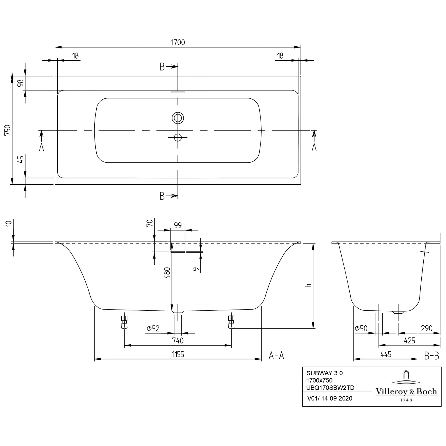 Villeroy & Boch Subway 3.0 Duo Badewanne 170 x 75 cm, mit SilentFlow Bild 5