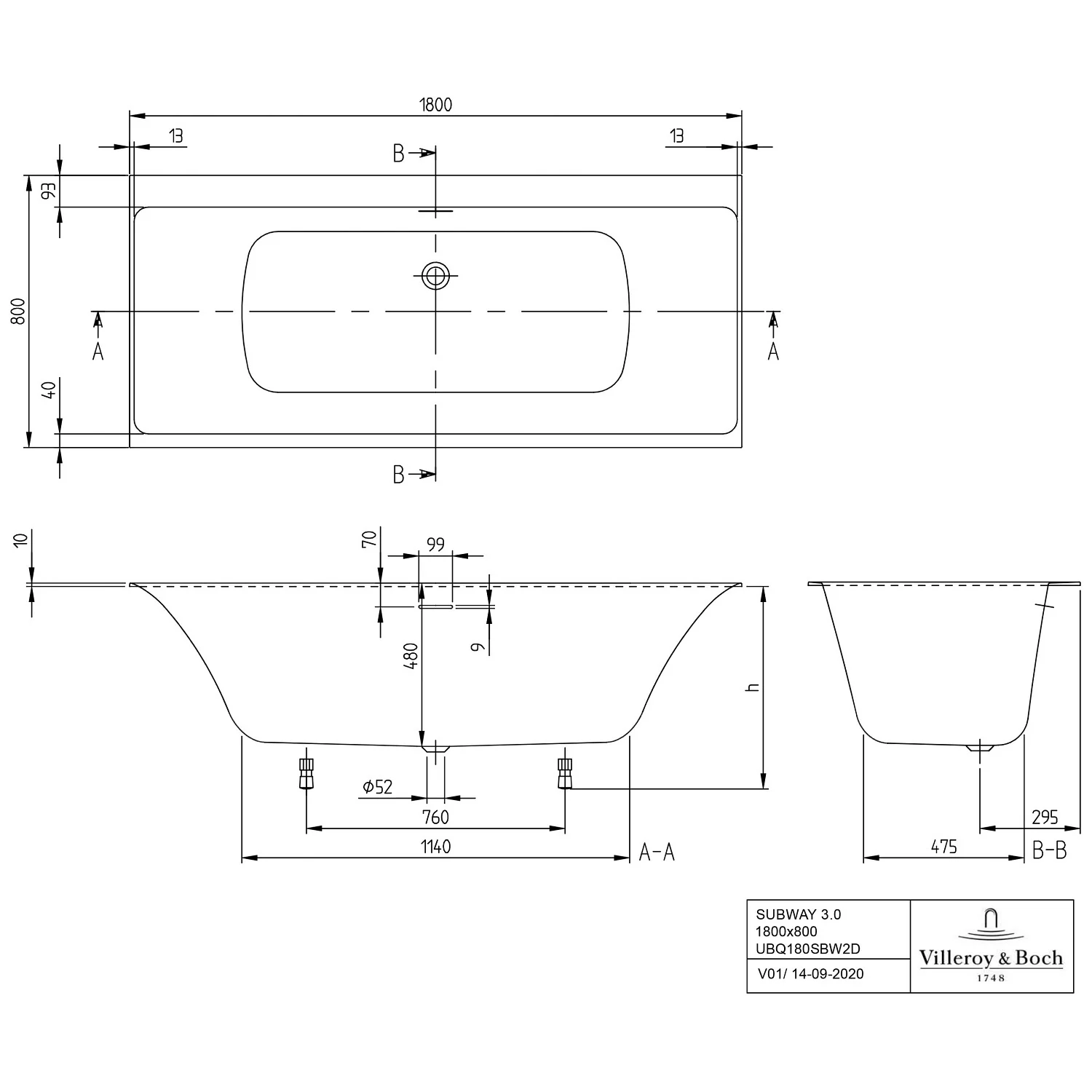 Villeroy & Boch Subway 3.0 Duo Badewanne 180 x 80 cm Bild 5