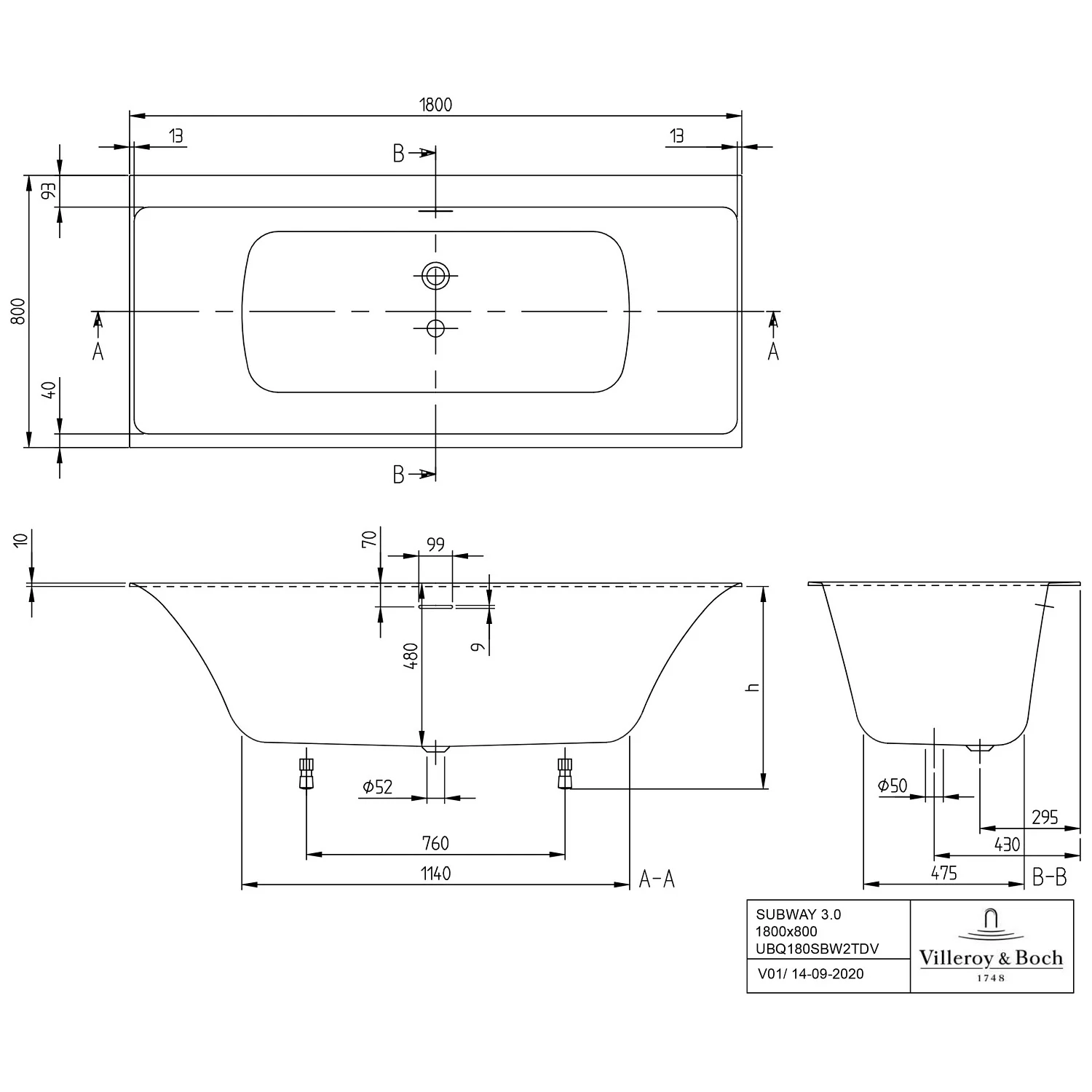 Villeroy & Boch Subway 3.0 Duo Badewanne 180 x 80 cm, mit SilentFlow Bild 5
