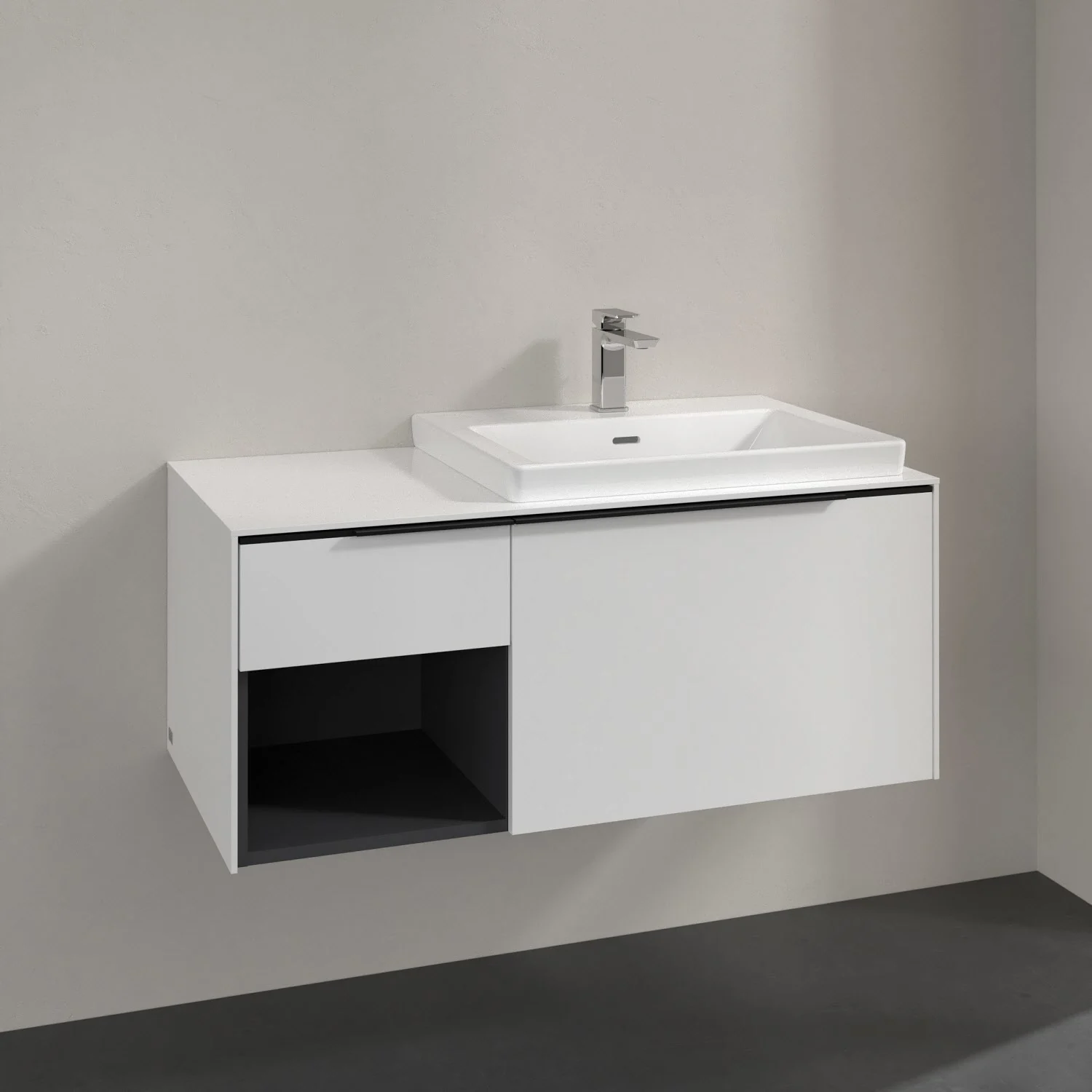 Umywalka z białą szafką z bliska, Villeroy & Boch