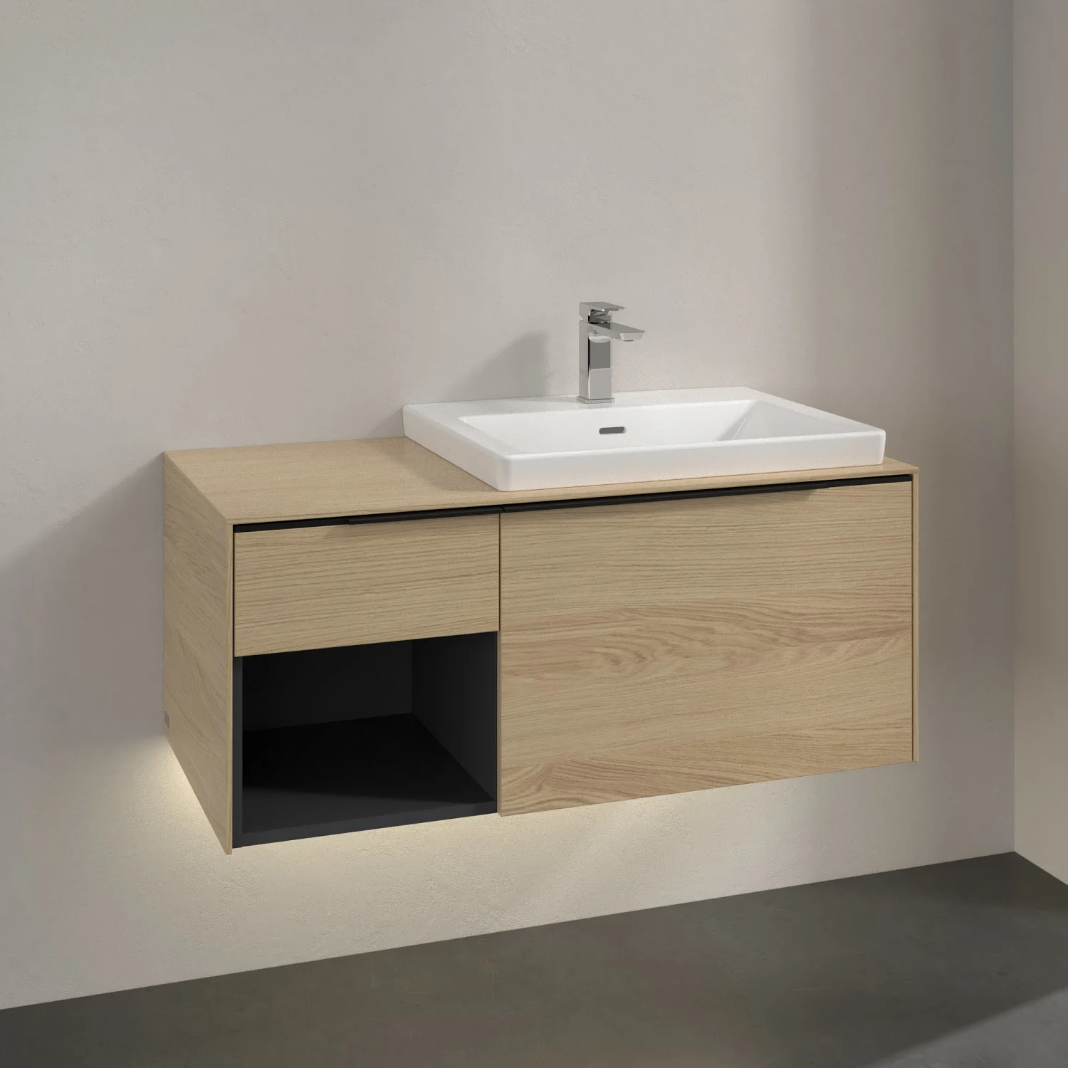 Umywalka z jasną drewnianą szafką w łazience, Villeroy & Boch