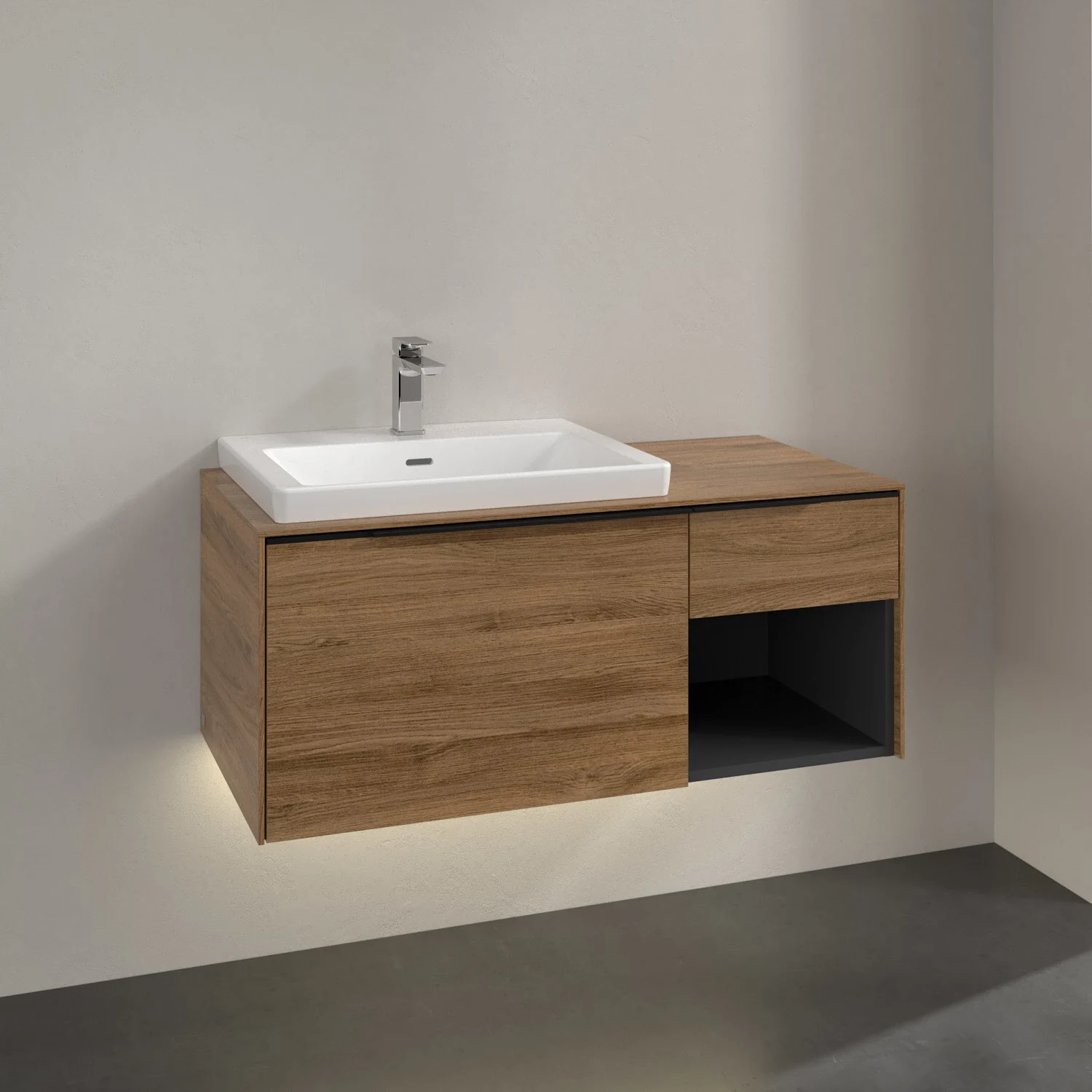 Toaletka w kolorze drewna z szafką w zbliżeniu, Villeroy & Boch