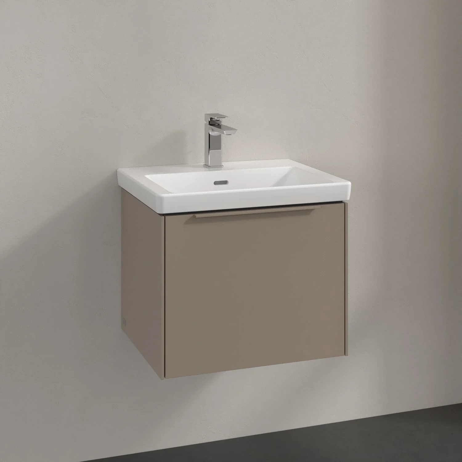 Umywalka z beżową szafką z bliska, Villeroy & Boch