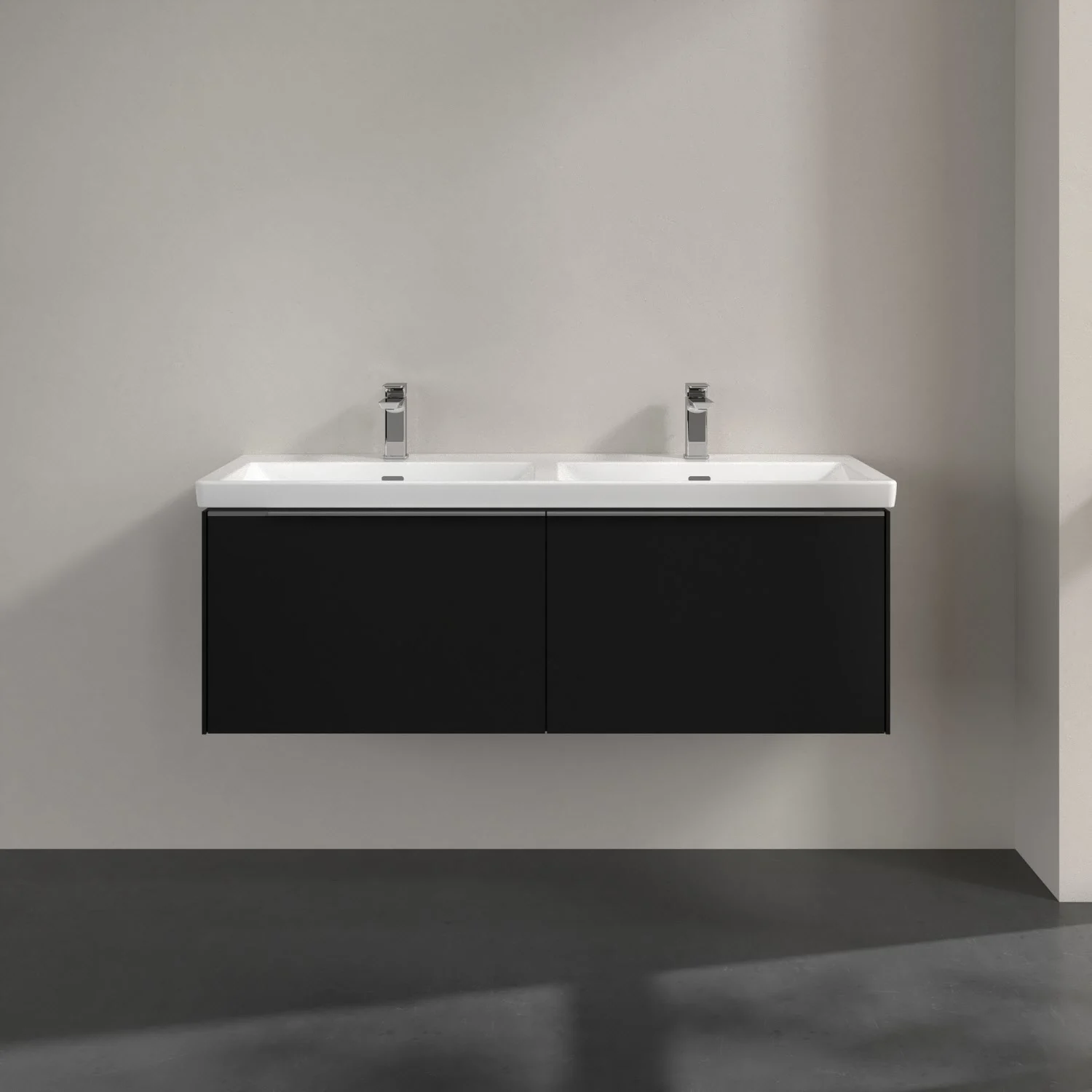 Czarna podwójna umywalka z szafką w łazience, Villeroy & Boch