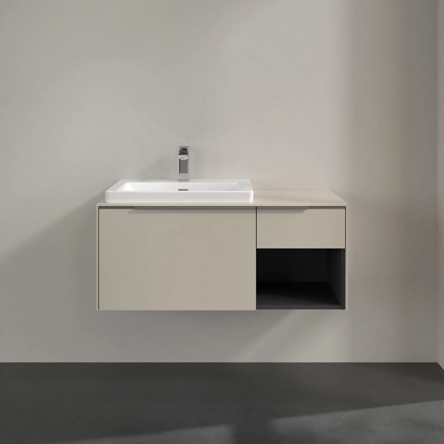 Umywalka z beżową szafką w łazience, Villeroy & Boch