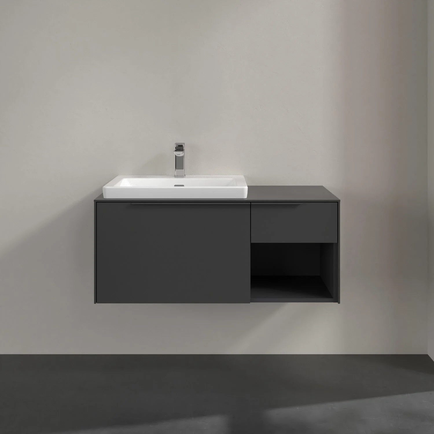 Umywalka z ciemnoszarą szafką z bliska, Villeroy & Boch