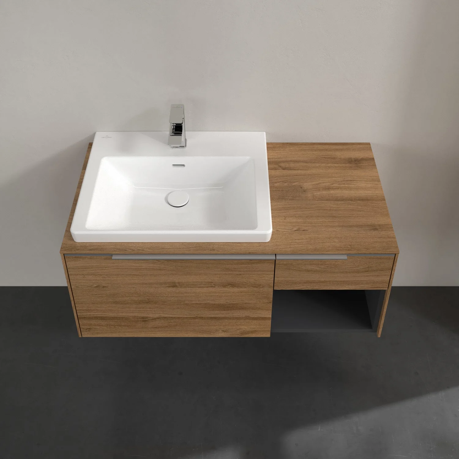 Umywalka z drewnianą szafką z bliska, Villeroy & Boch