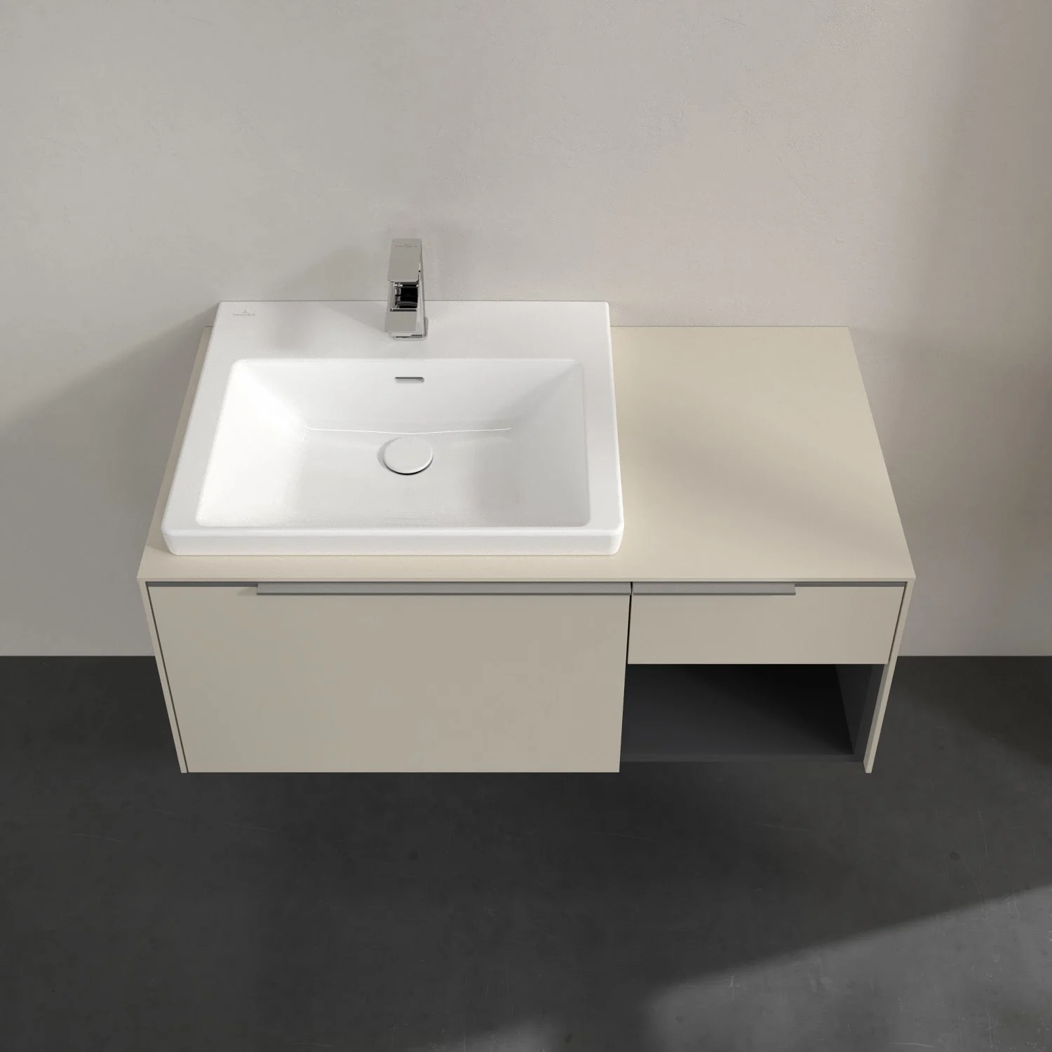 Umywalka z kremową szafką z bliska, Villeroy & Boch