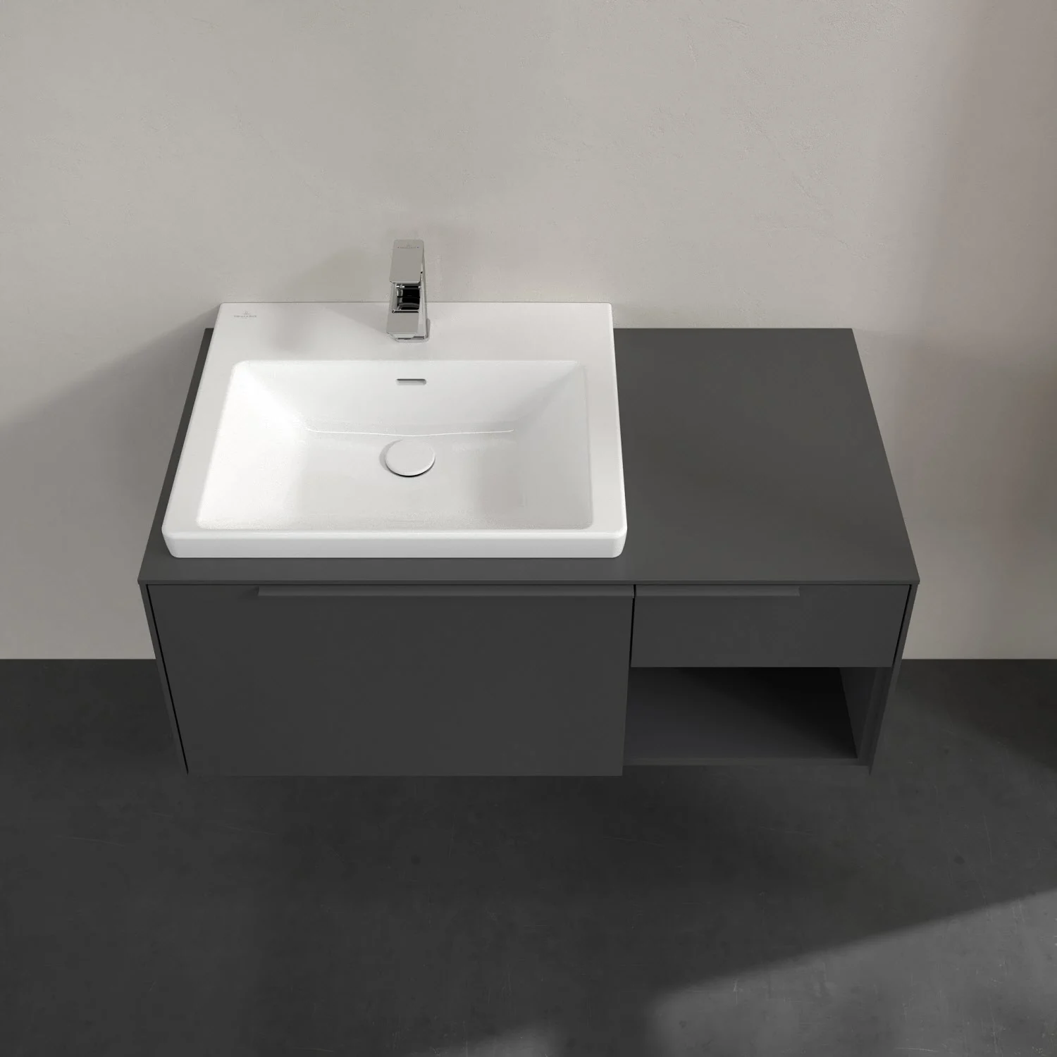 Umywalka z ciemnoszarą szafką widziana z góry, Villeroy & Boch