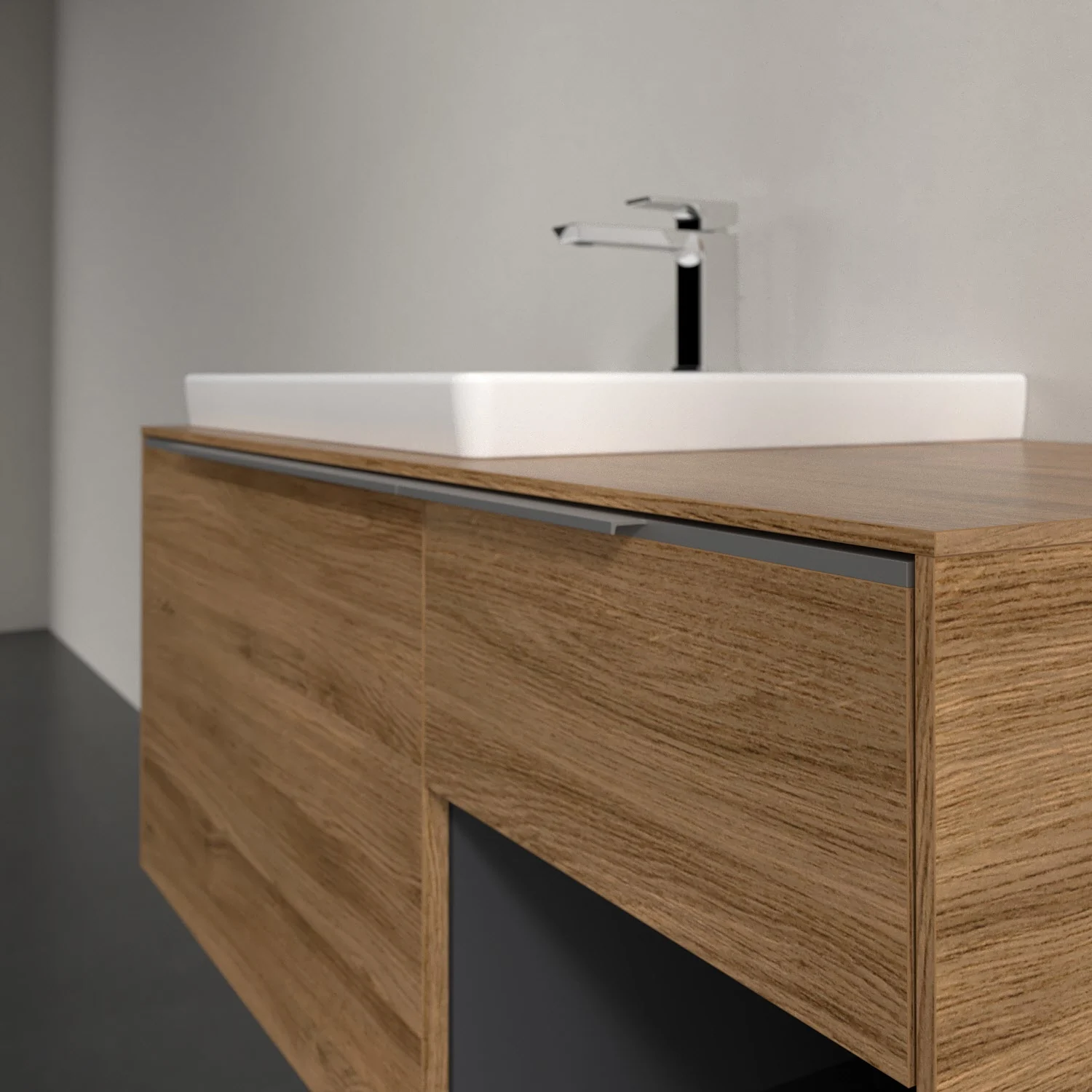 Umywalka z drewnianą powierzchnią zbliżenie, Villeroy & Boch