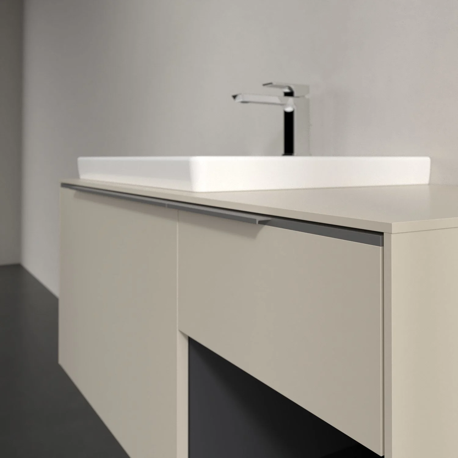 Umywalka z szarą szafką zbliżenie, Villeroy & Boch