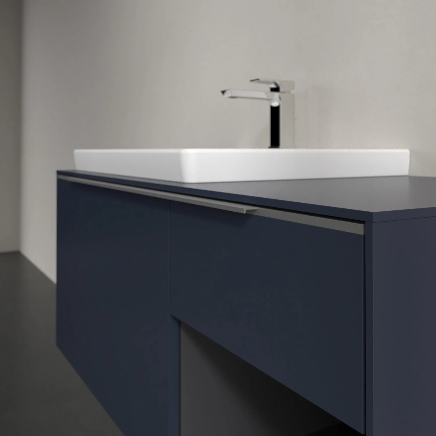 Umywalka z niebieską szafką zbliżenie, Villeroy & Boch