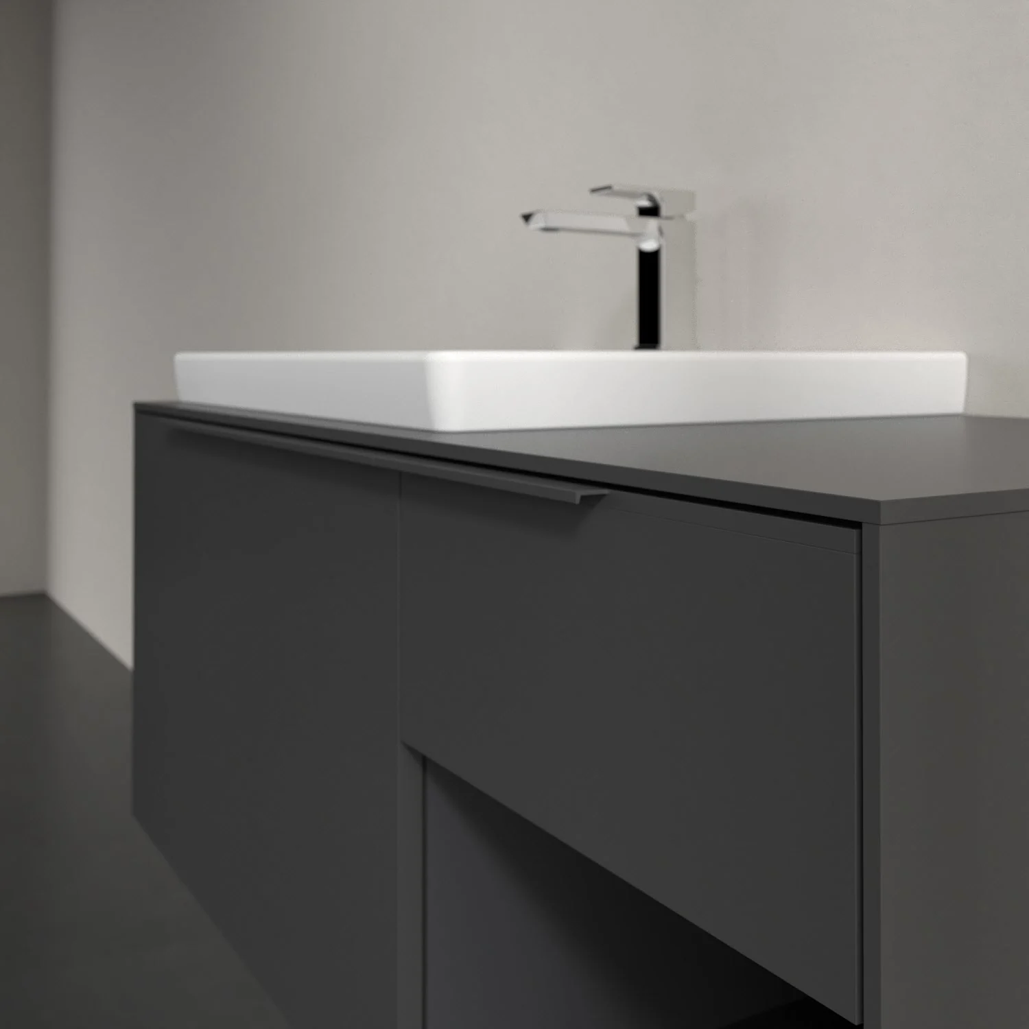 Umywalka z szarą szafką zbliżenie, Villeroy & Boch