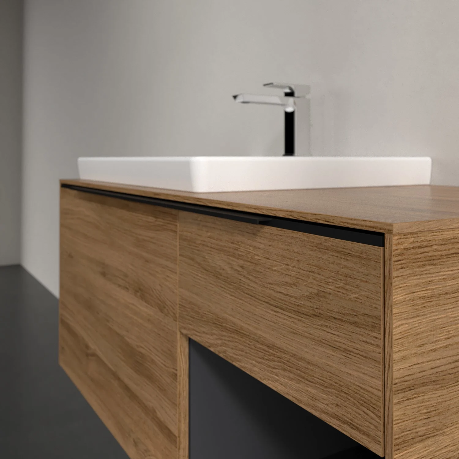 Umywalka z ciemną drewnianą powierzchnią zbliżenie, Villeroy & Boch
