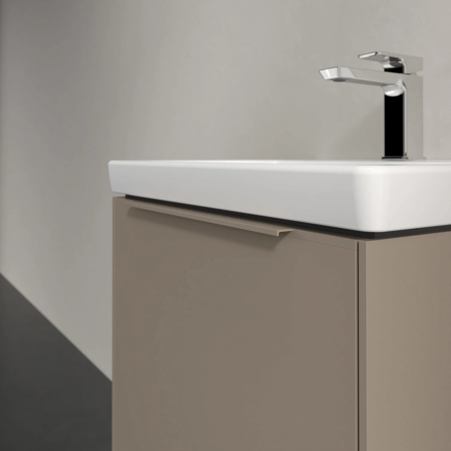 Umywalka z jasnobrązową szafką zbliżenie, Villeroy & Boch