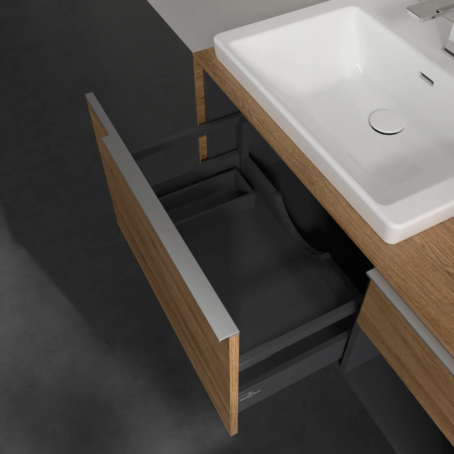 Umywalka z otwartą szafką szufladową w drewnie, Villeroy & Boch