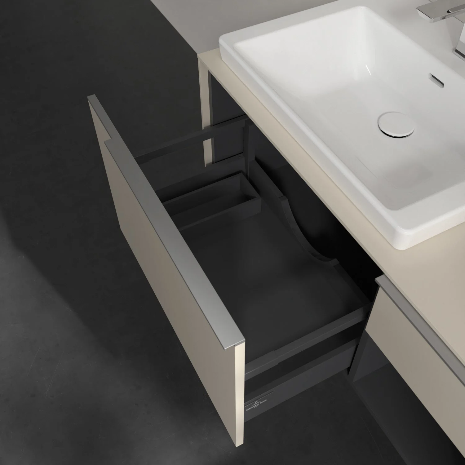 Umywalka z jasnobeżową szufladą zbliżenie, Villeroy & Boch