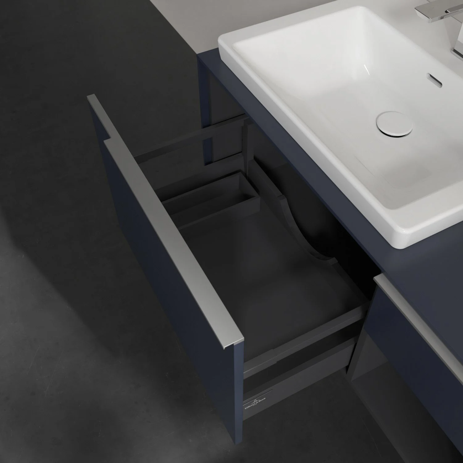Umywalka z niebieską szufladą zbliżenie, Villeroy & Boch