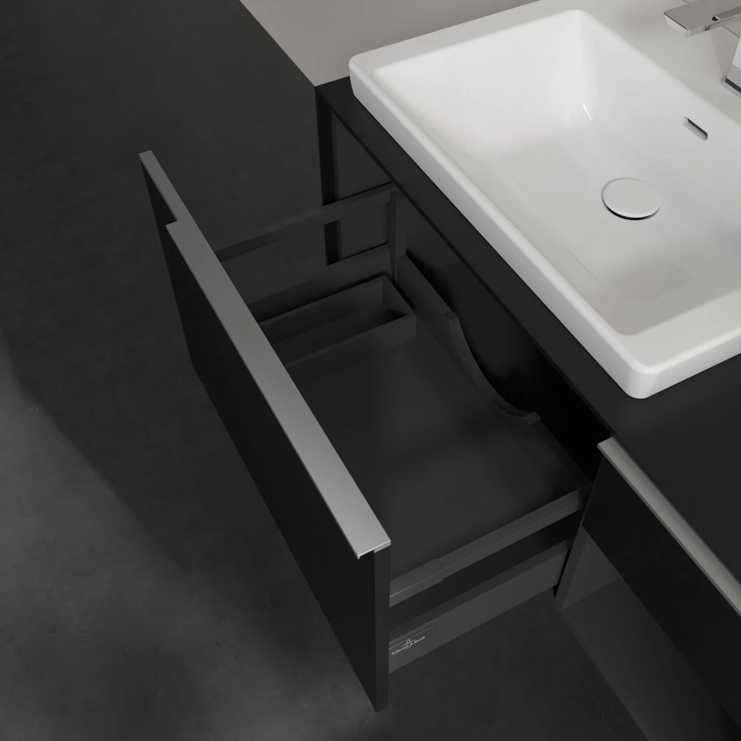 Umywalka z czarną szafką zbliżenie, Villeroy & Boch