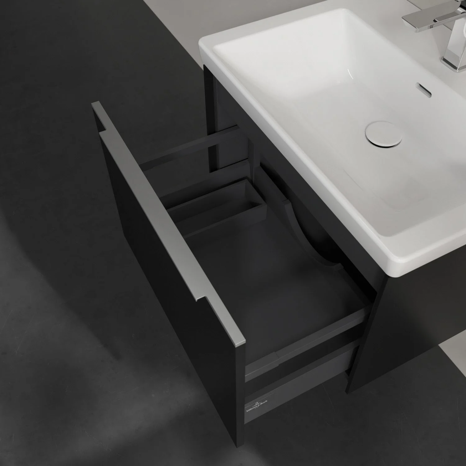 Umywalka z otwartą szarą szafką widziana z góry, Villeroy & Boch