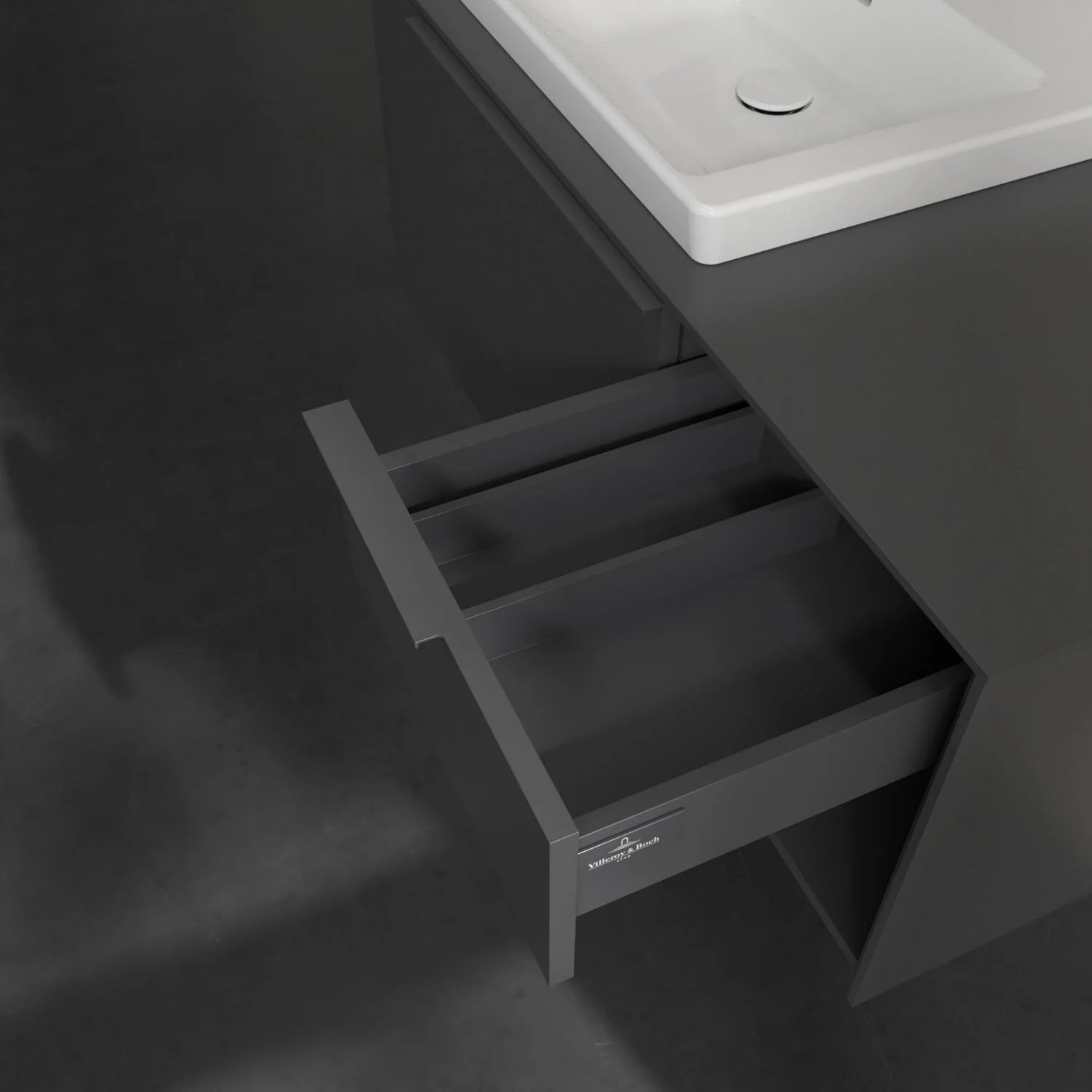 Zbliżenie na szarą szafkę z szufladą, Villeroy & Boch