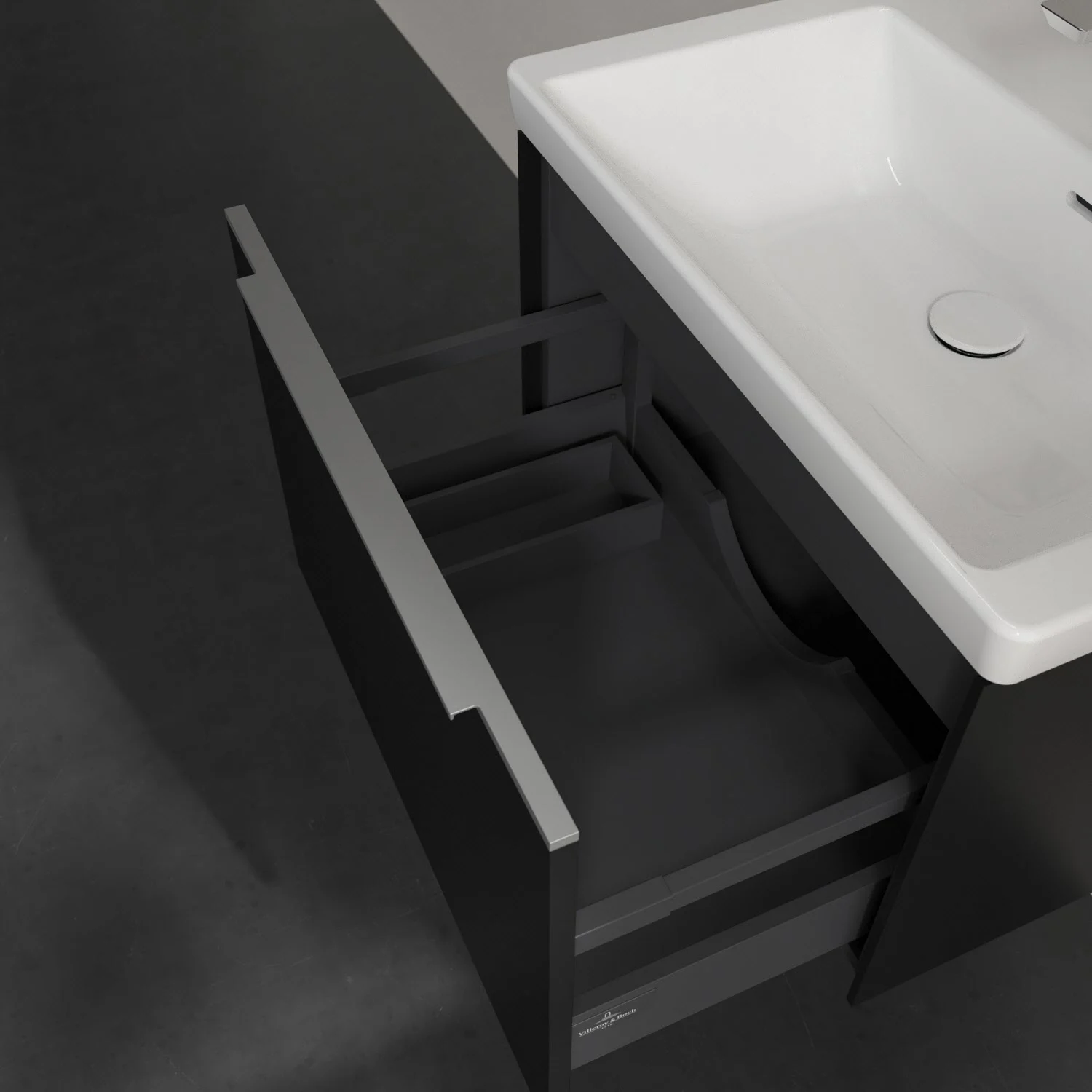 Umywalka z otwartą szafką szufladową w ciemnym wyglądzie, Villeroy & Boch