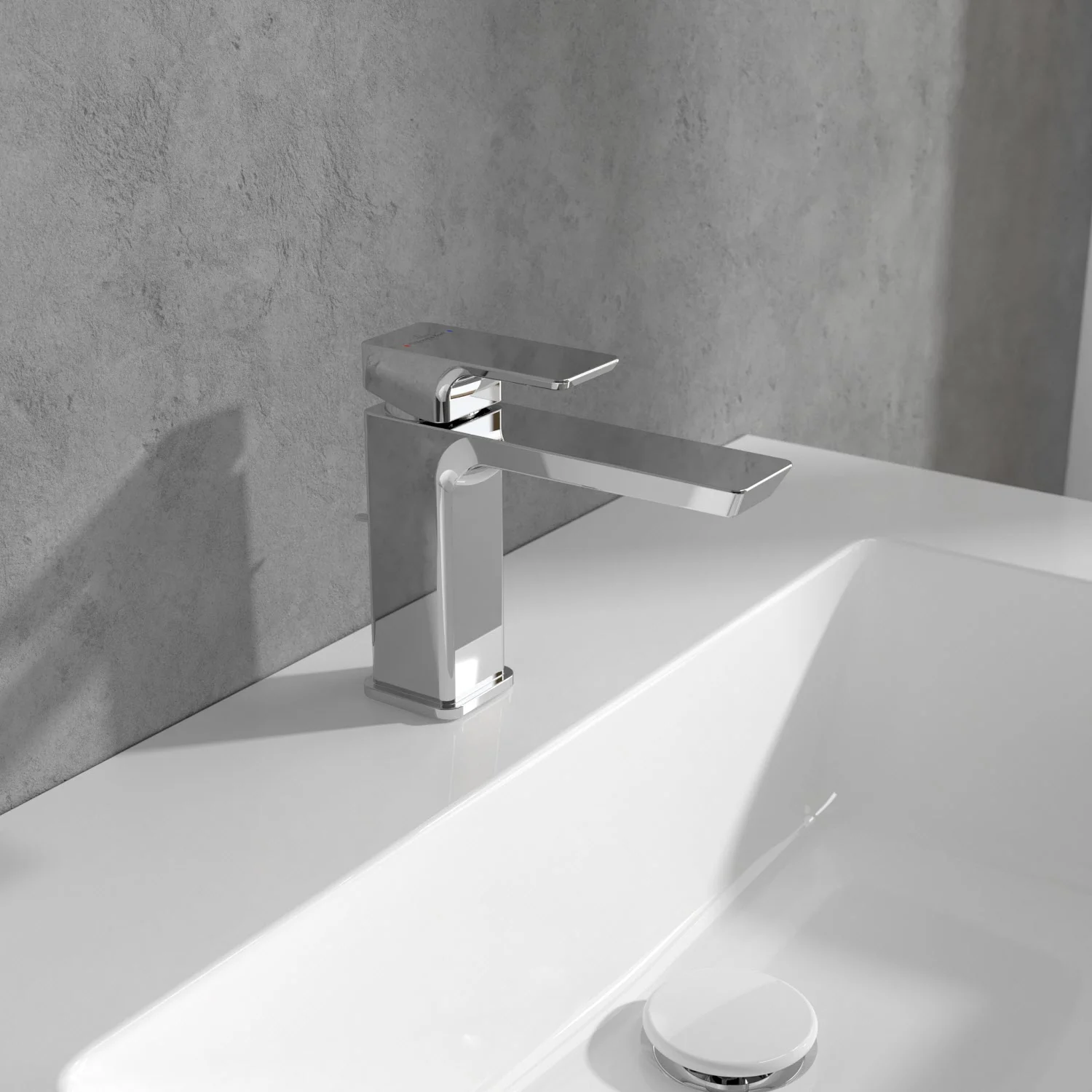 Chromowana bateria na białej umywalce, Villeroy & Boch