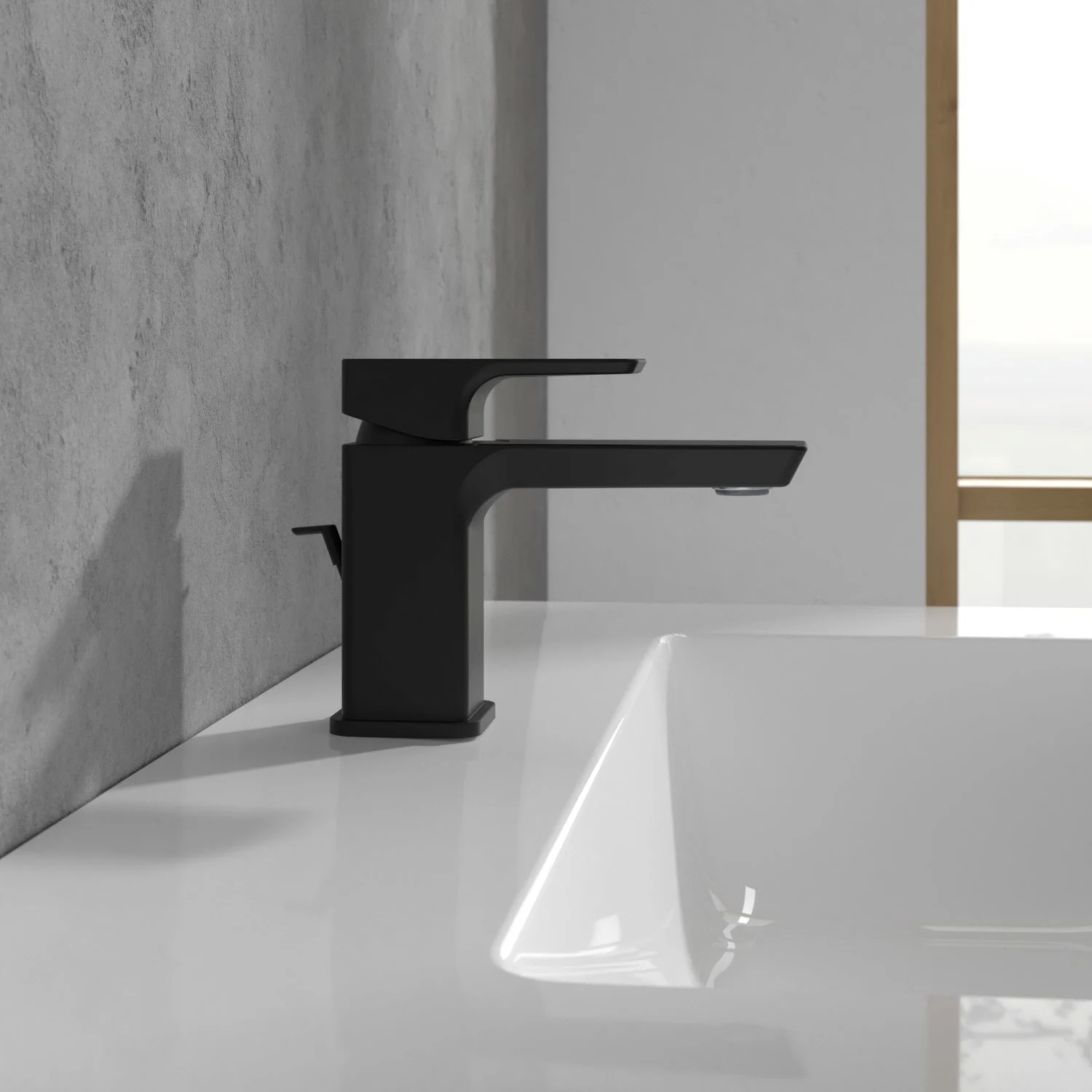 Czarna bateria obok umywalki, Villeroy & Boch