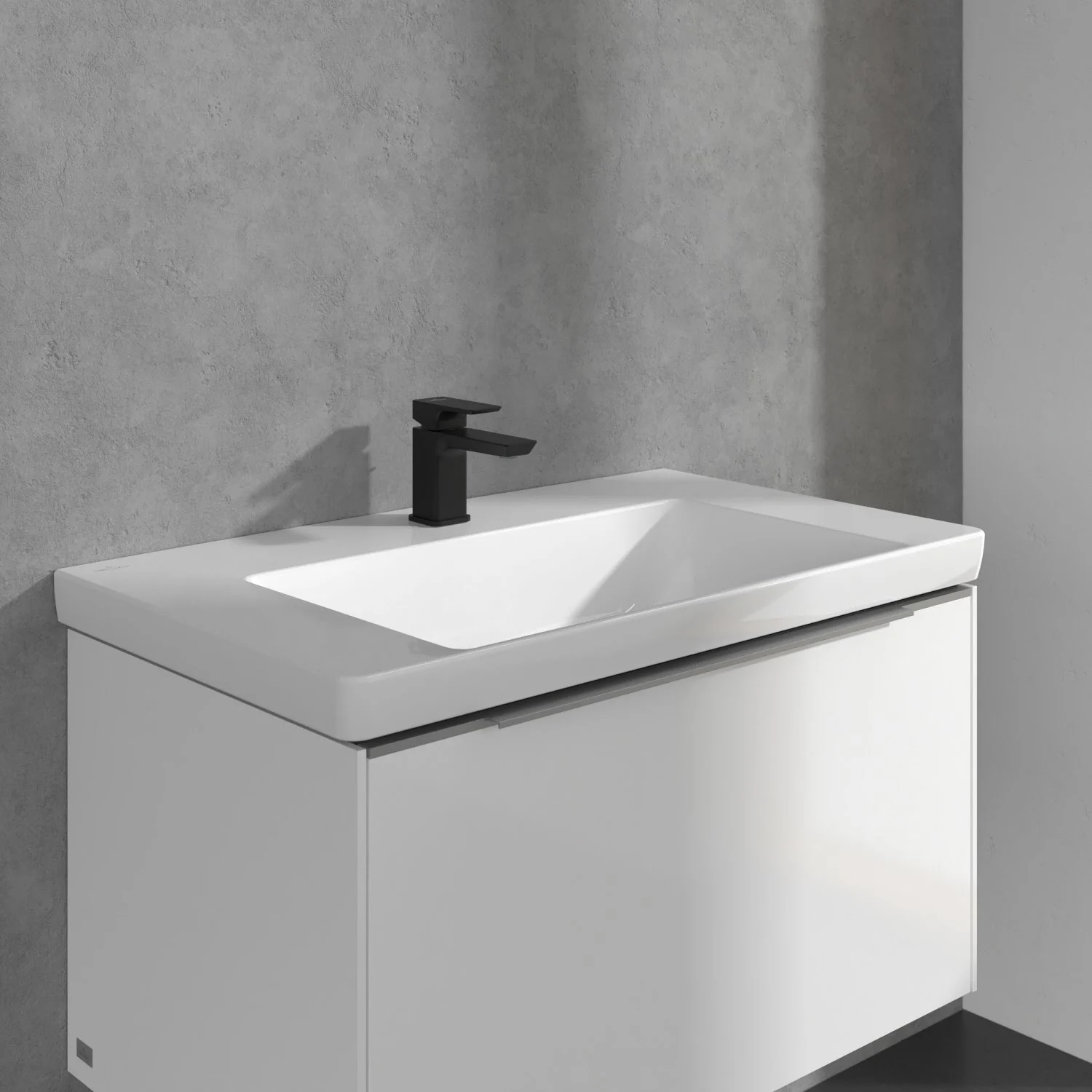 Prostokątna umywalka z czarną baterią zbliżenie, Villeroy & Boch