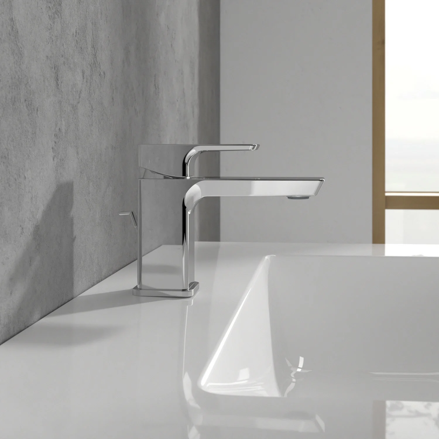 Chromowana bateria na białej umywalce w łazience, Villeroy & Boch