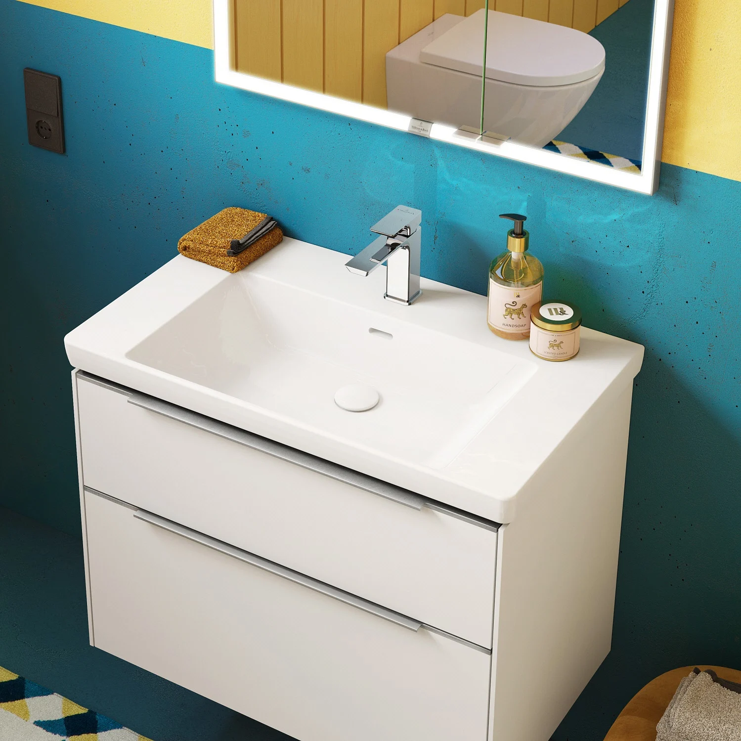 Biała umywalka z szufladami w łazience, Villeroy & Boch