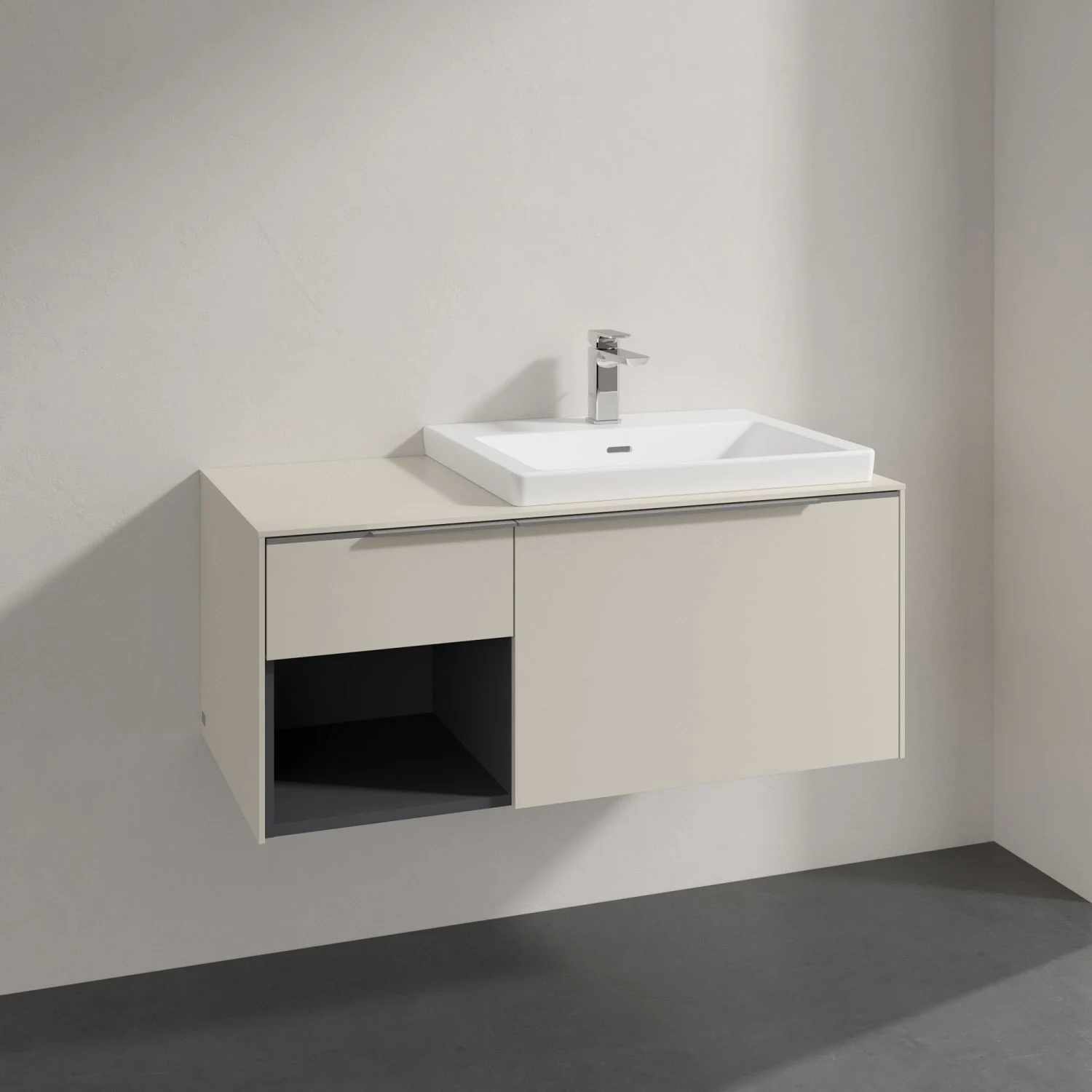 Beżowa umywalka z szafką w zbliżeniu, Villeroy & Boch