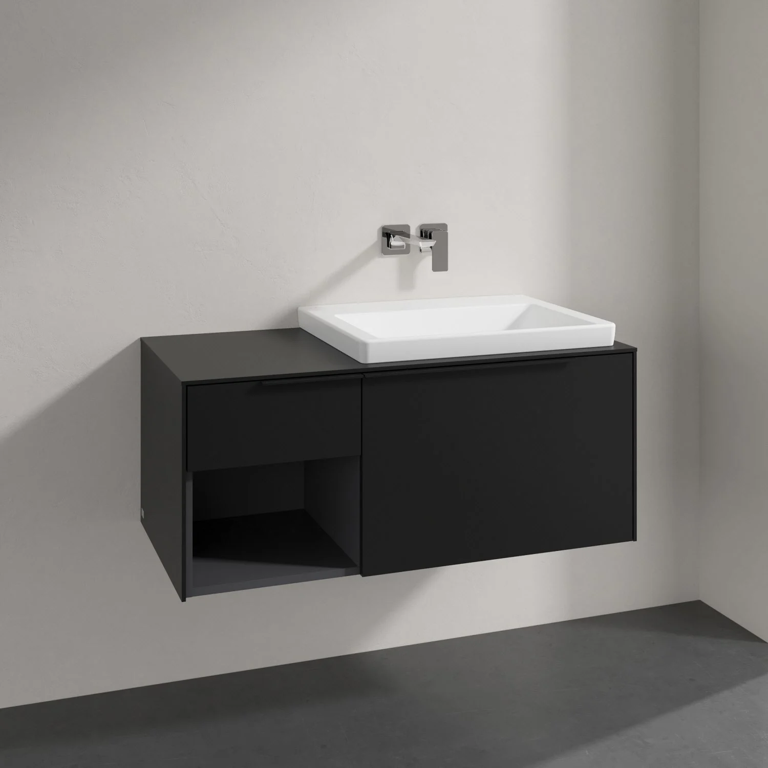 Czarna umywalka z szafką w zbliżeniu, Villeroy & Boch