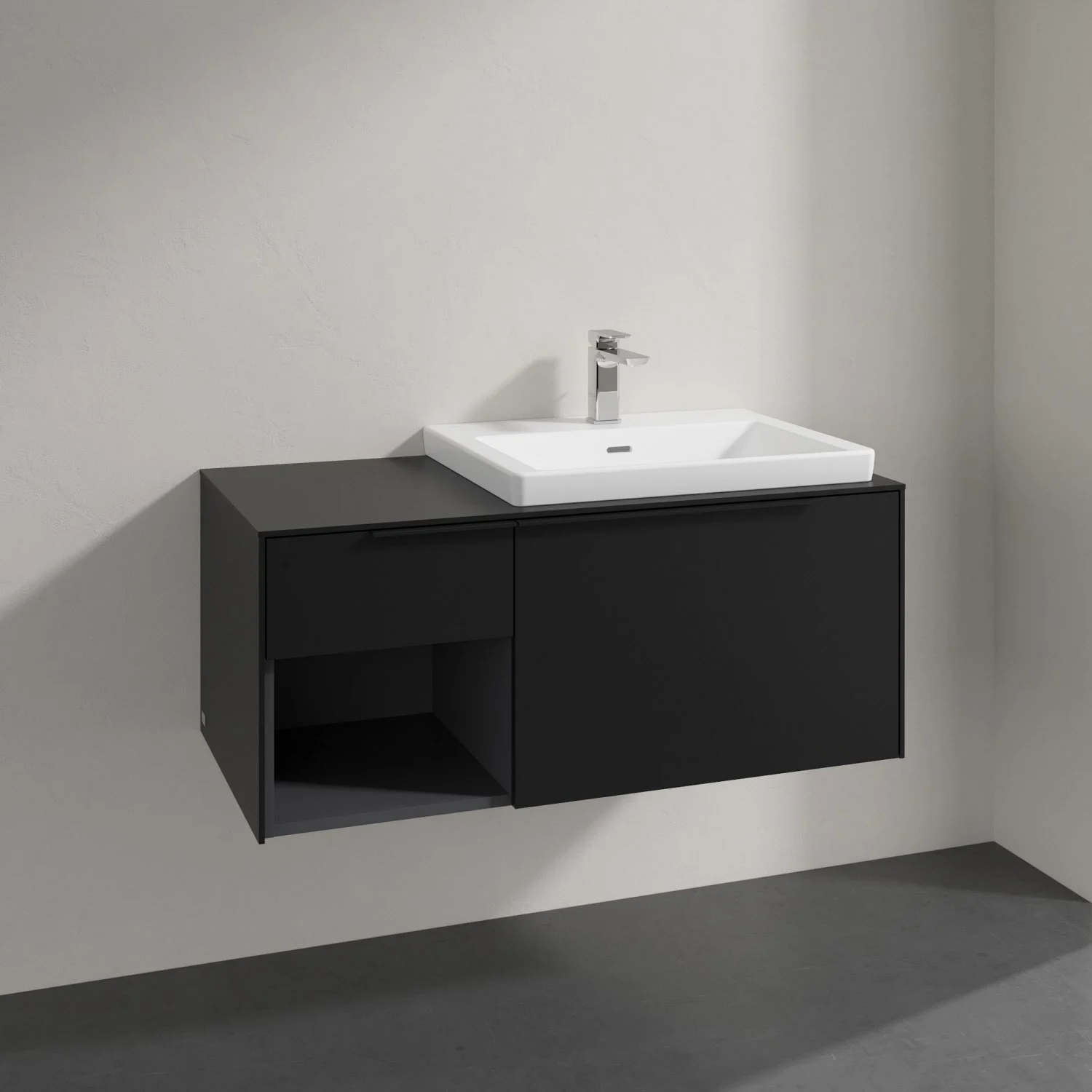 Czarna umywalka z szafką w zbliżeniu, Villeroy & Boch