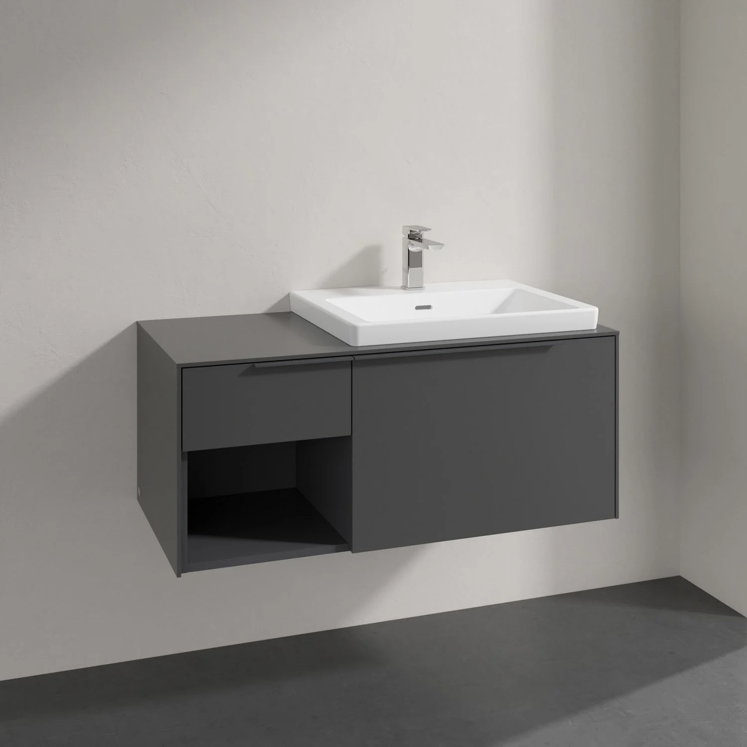 Szara umywalka z szafką w zbliżeniu, Villeroy & Boch