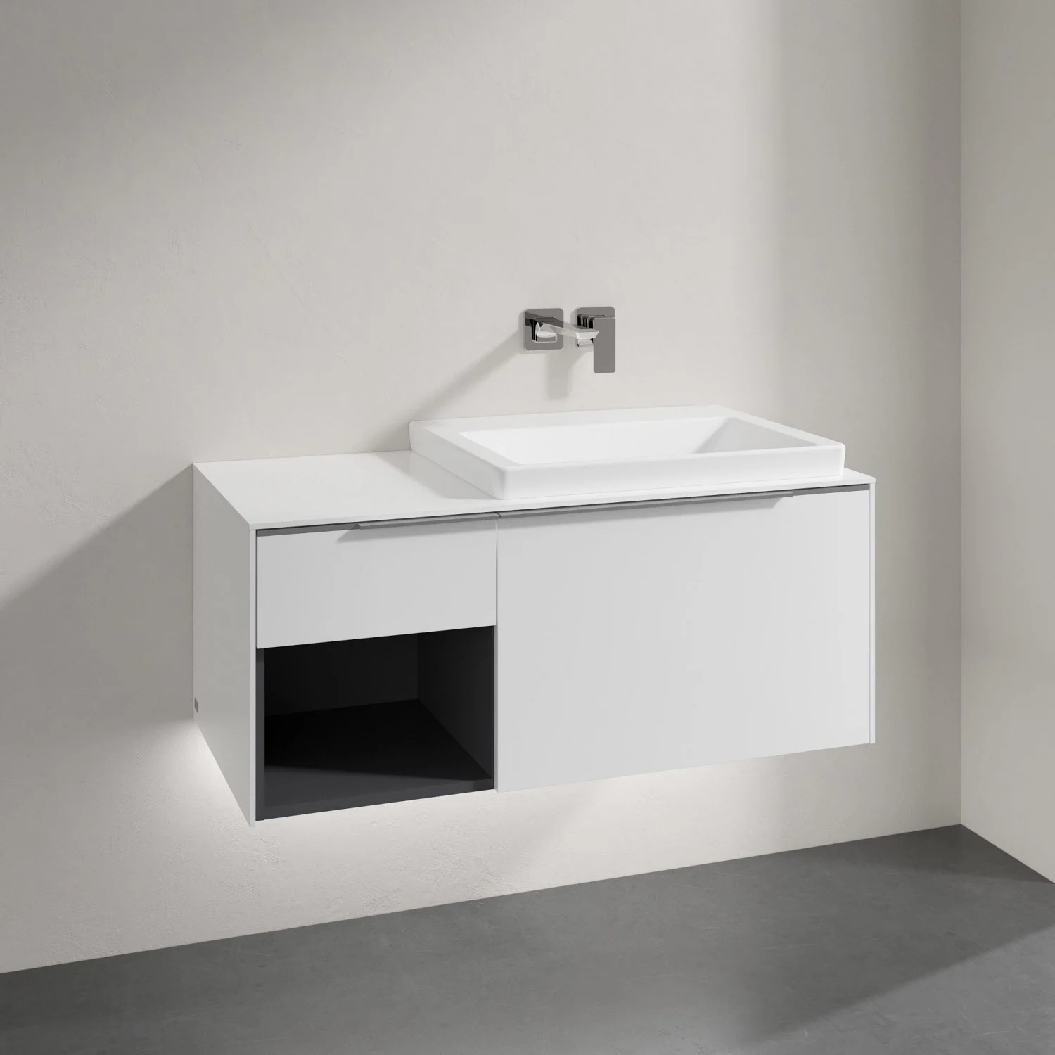 Biała umywalka z szafką w zbliżeniu, Villeroy & Boch