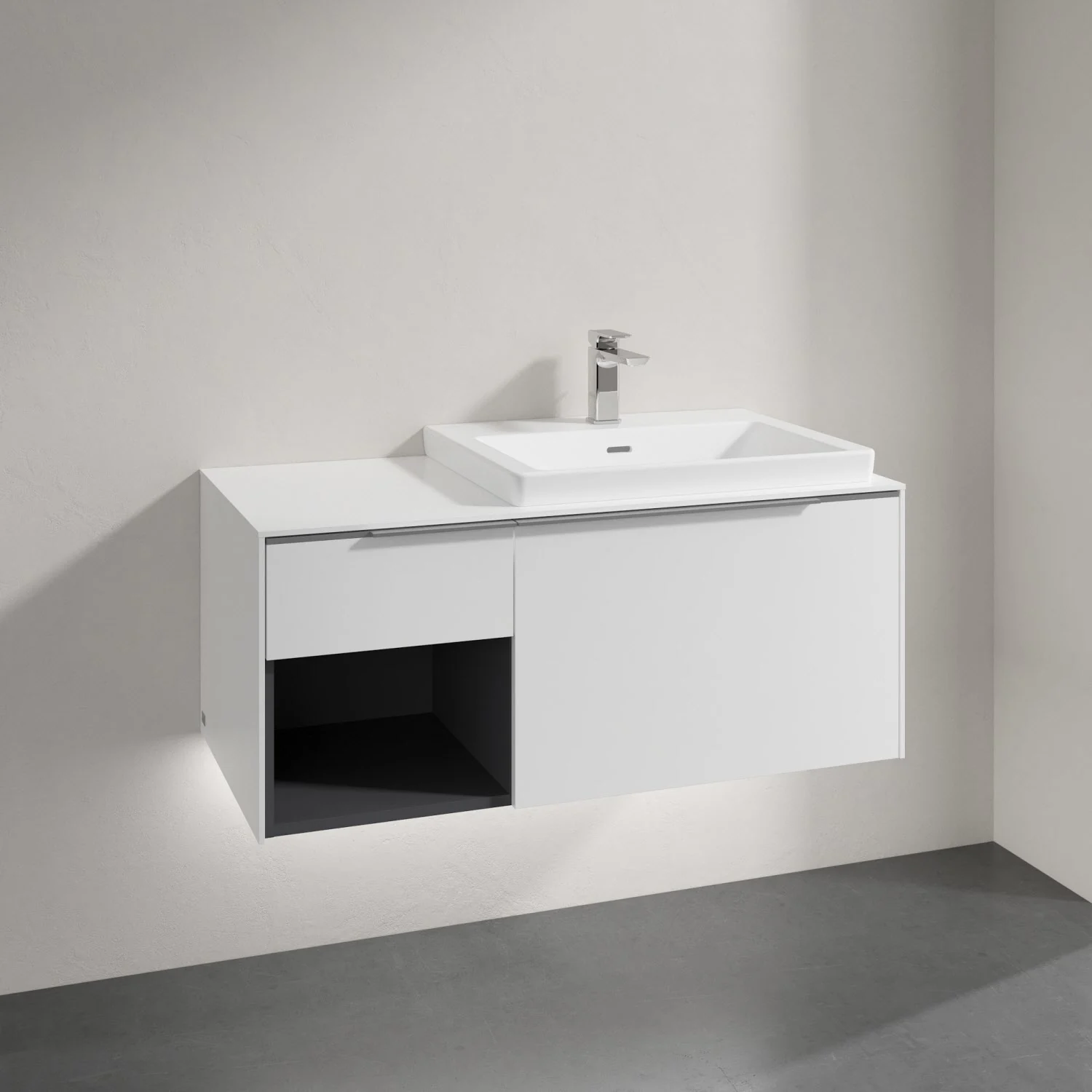 Biała umywalka z szafką z bliska, Villeroy & Boch