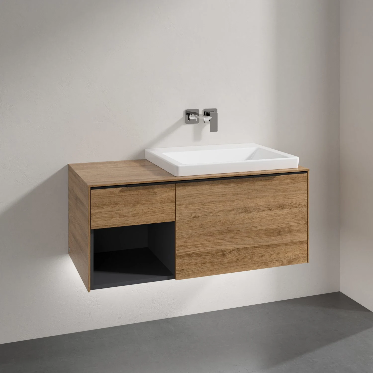 Umywalka z drewnianą powierzchnią zbliżenie, Villeroy & Boch